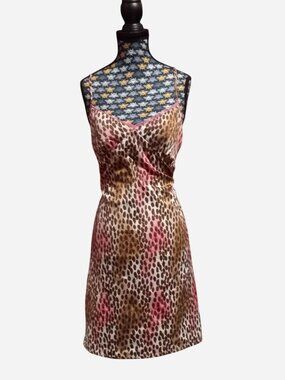 Pink and brown leopard print slip dress with pink lace trim